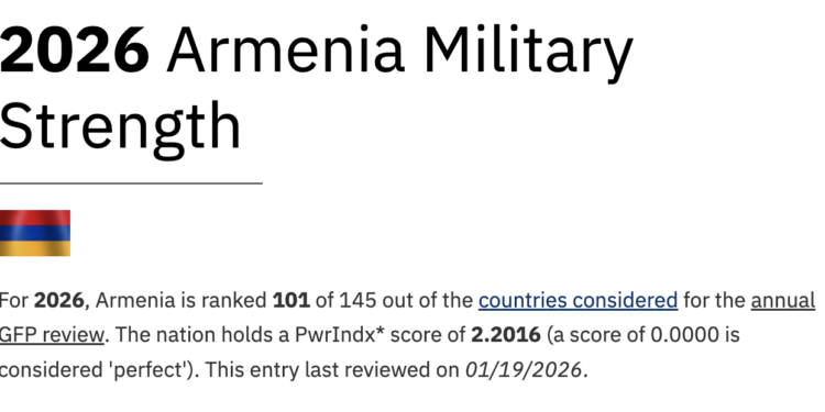 Global Firepower-ի 2026թ. վարկանիշ․ Հայաստանը՝ 101-րդ տեղում է