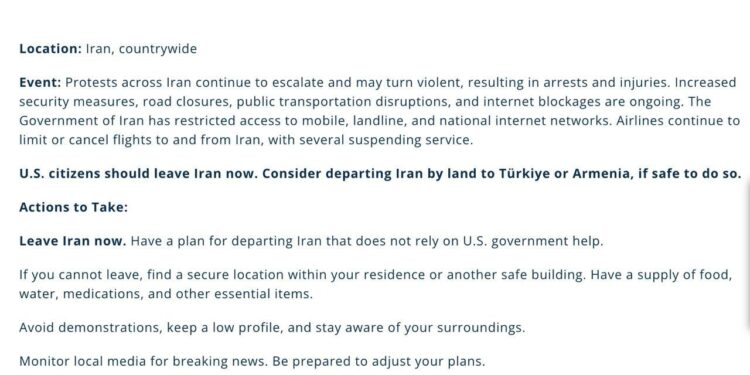 ԱՄՆ-ը կոչ է անում Իրանում գտնվող իր քաղաքացիներին երկիրը լքել՝ դիտարկելով նաև Հայաստանով դուրս գալու տարբերակը