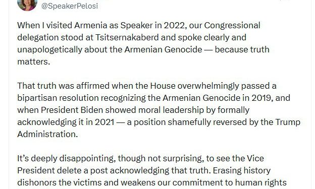 Նենսի Փելոսին քննադատել է ԱՄՆ փոխնախագահին՝ Հայոց ցեղասպանության թեմայով գրառումը ջնջելու համար